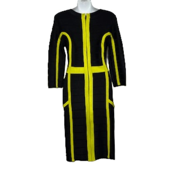 FRENCH CONNECTION Black And Yellow Bandage Midi Dress Size 6 - Picture 3 of 16
